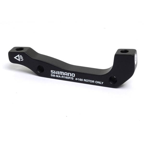 Shimano disc brake adapter for post mount caliper on IS frame, suitable for 160mm rotor, mounted on bike frame.