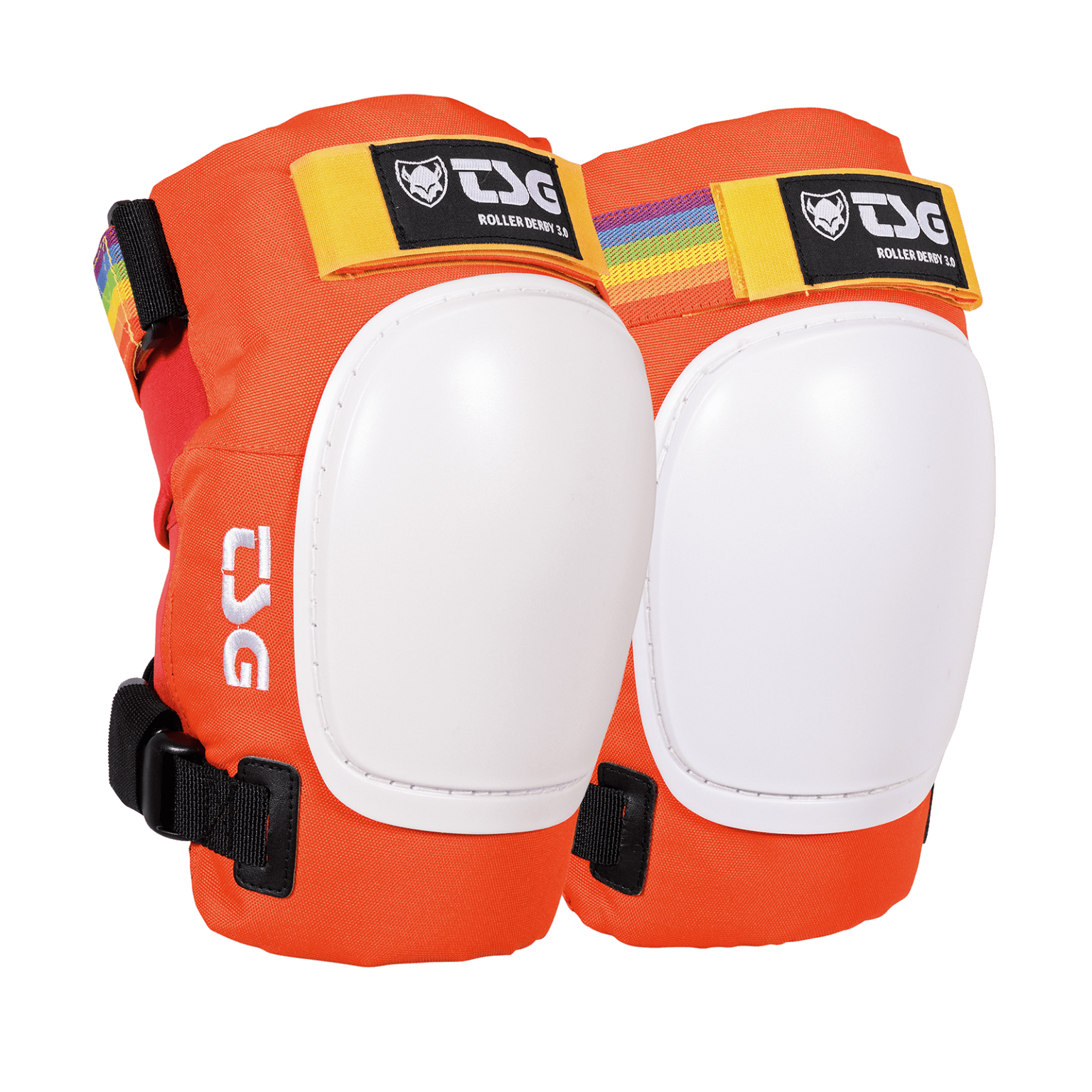 TSG Derby 3.0 Coral and Black XS knee pad for roller derby, featuring secure fit and protective padding.