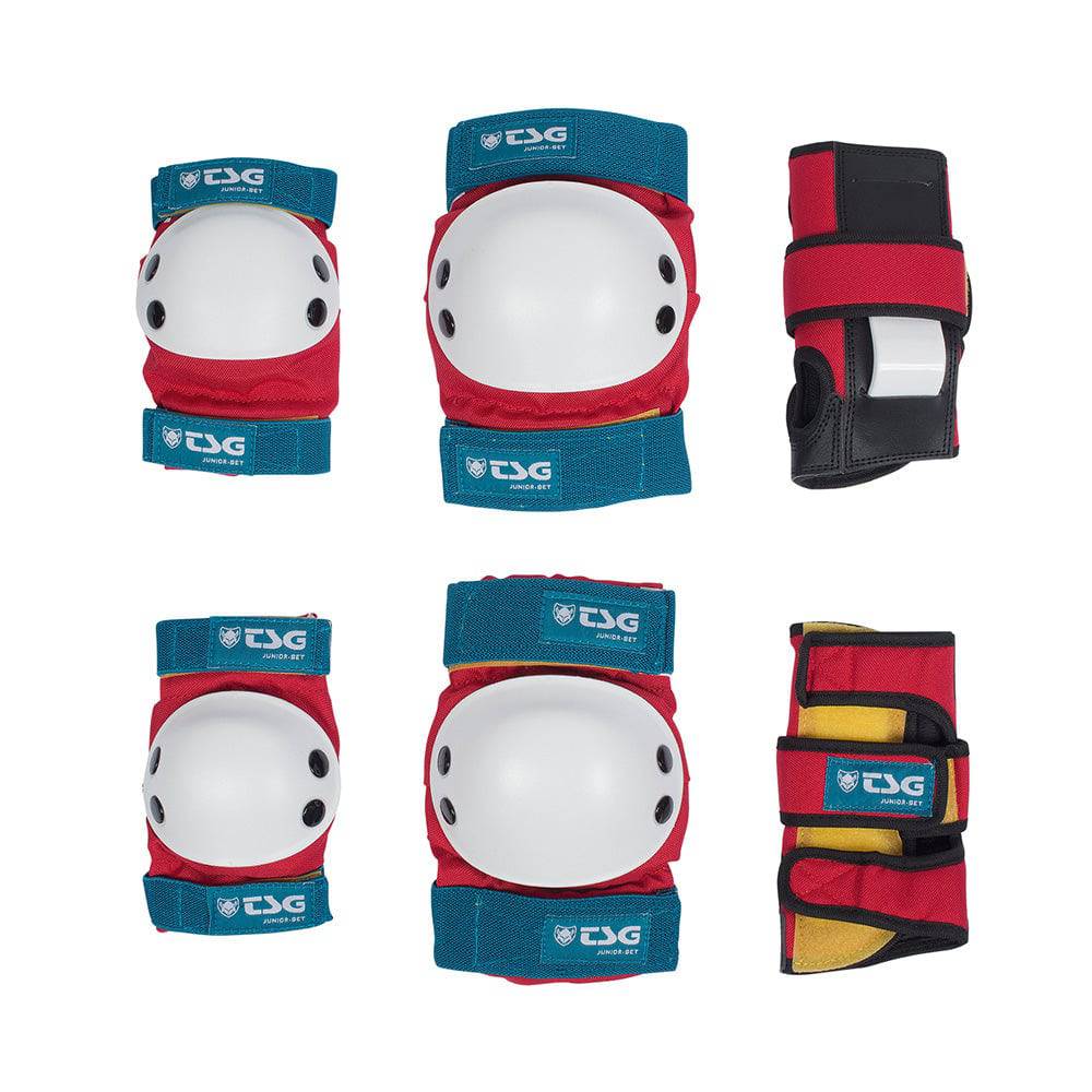 TSG Junior skateboarding padset with knee, elbow, and wrist guards for beginners, featuring protective padding and adjustable straps.