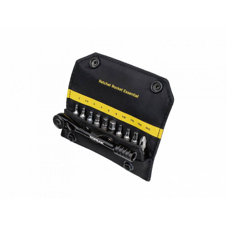 Topeak Ratchet Rocket Essential black bike multi-tool with 10 hardened steel bits, featuring a compact workshop design.