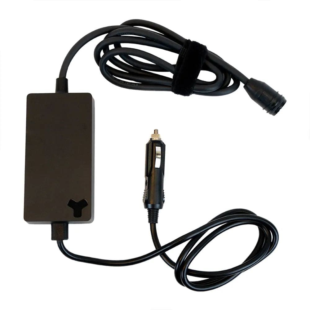 Fazua Ride 50 12V car charger for Energy 250 and 250X e-bike batteries, compact component for charging e-bike batteries.