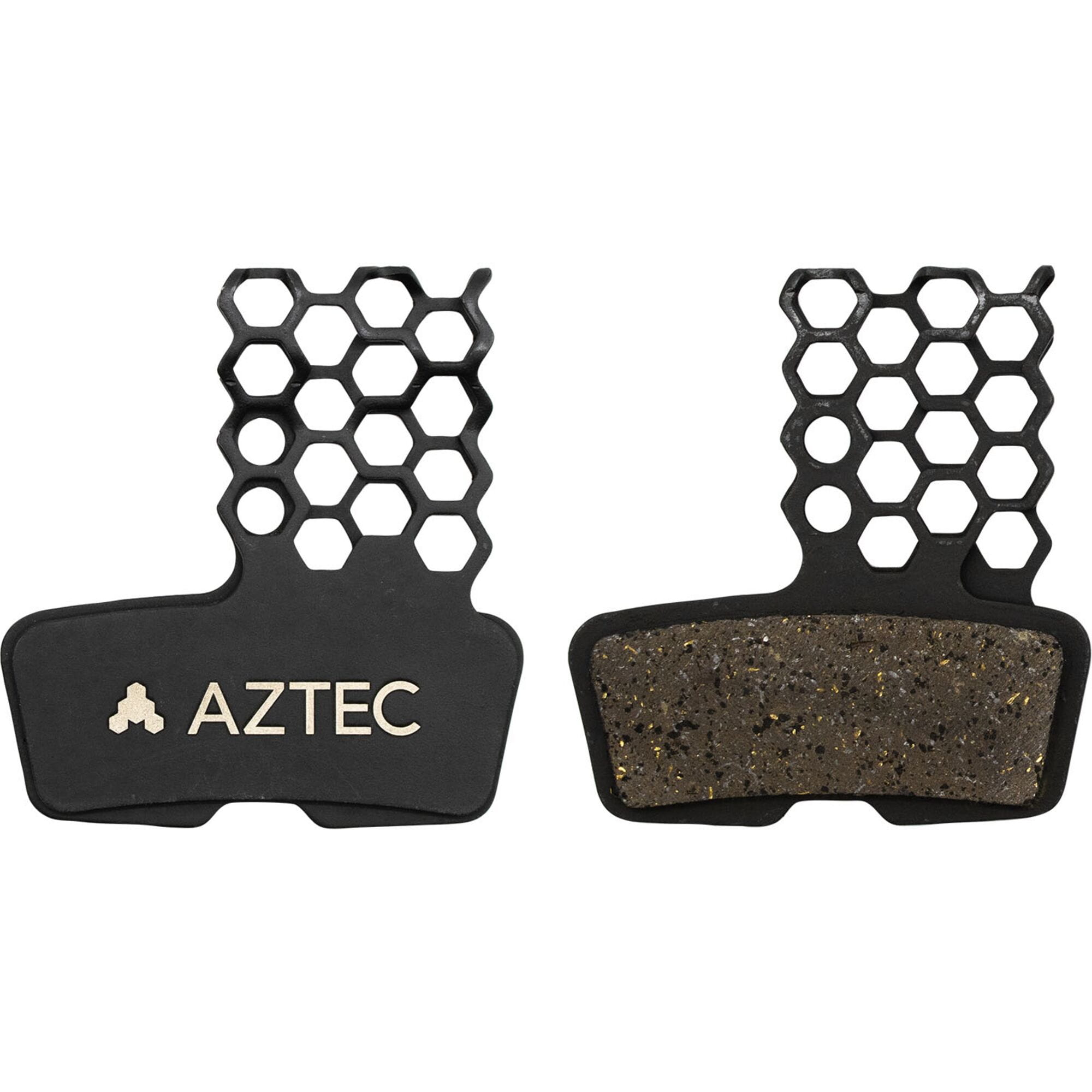 Aztec HexVent disc brake pads for Avid Code 2011 mountain bike, showing high-performance cooling components and metal backing plates.