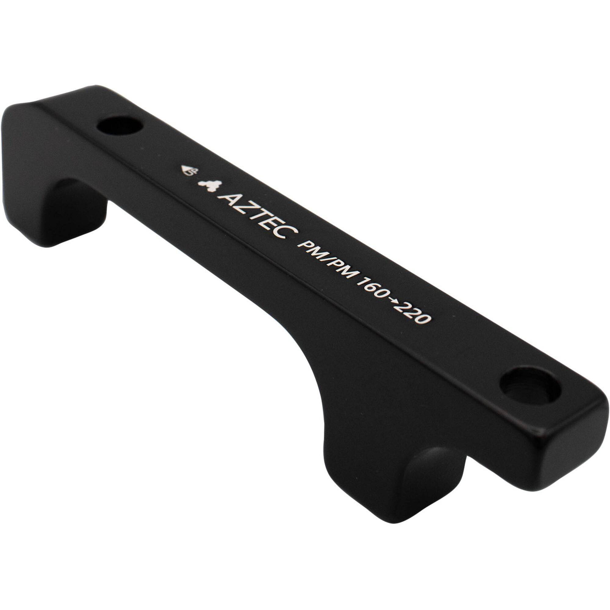 Aztec disc brake adapter for PM6 post mount frame and fork, 160mm to 220mm rotor compatibility, shown on bike component.