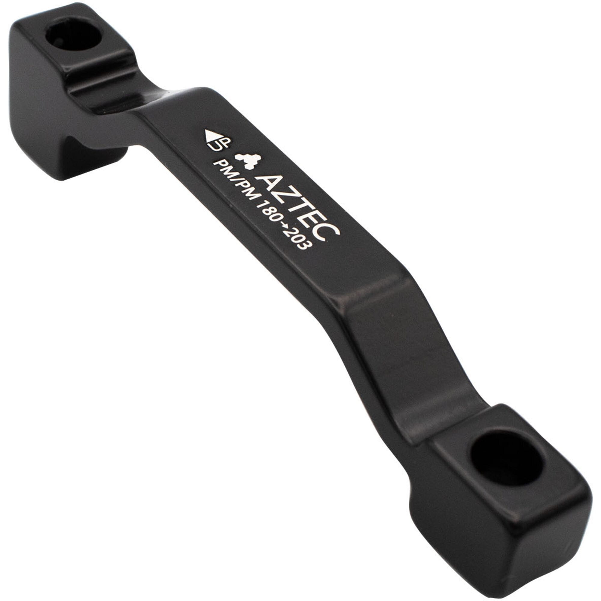 Aztec PM7 adapter for 180mm post mount frame and fork, compatible with 203mm rotor, shown on bike component with mounting details