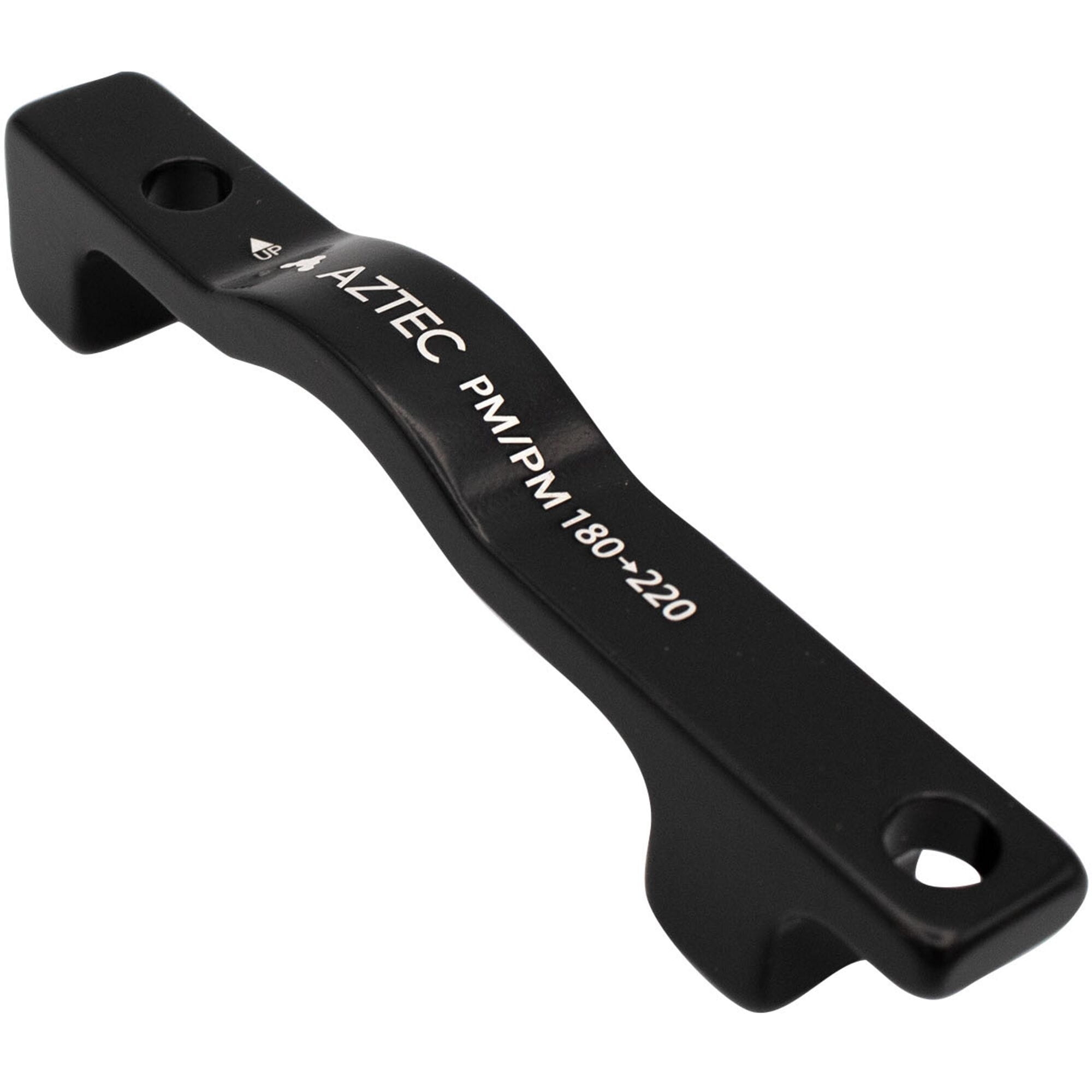 Aztec PM7 post mount adapter for 180mm frame and fork, with 220mm rotor, shown mounted on bicycle component.