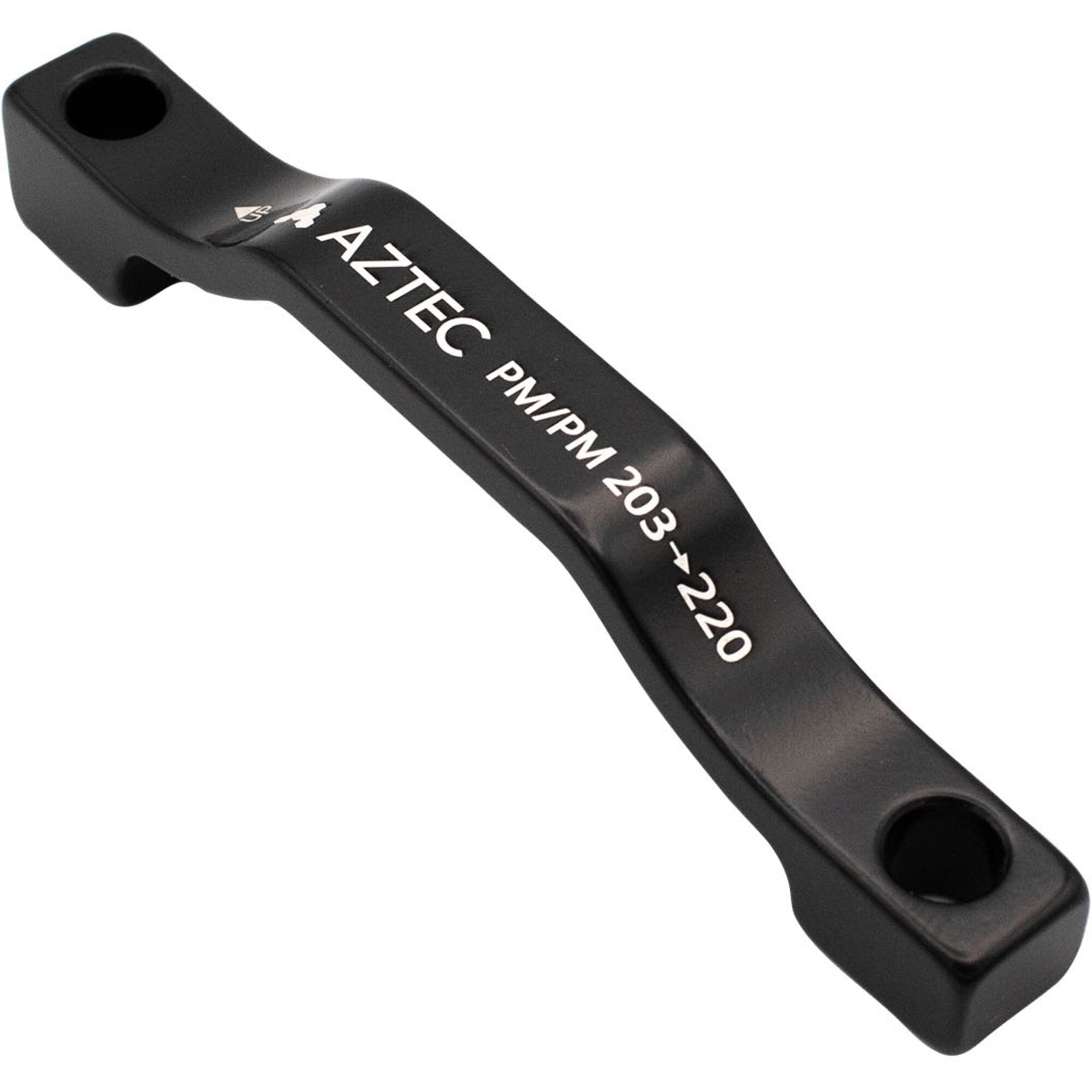 Aztec post mount adapter for 203mm frame and fork, compatible with 220mm rotor, shown mounted on bicycle brake system.
