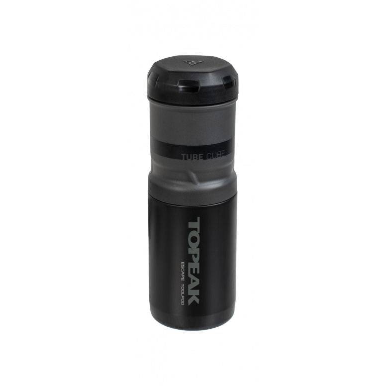 Topeak Escape Pod+ bike storage bag in black, designed to fit standard bottle cages with a compact, durable accessory for cycling.