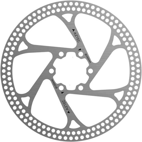 Aztec stainless steel fixed disc rotor with circular cut outs for 6-bolt hubs, bike components for braking system.