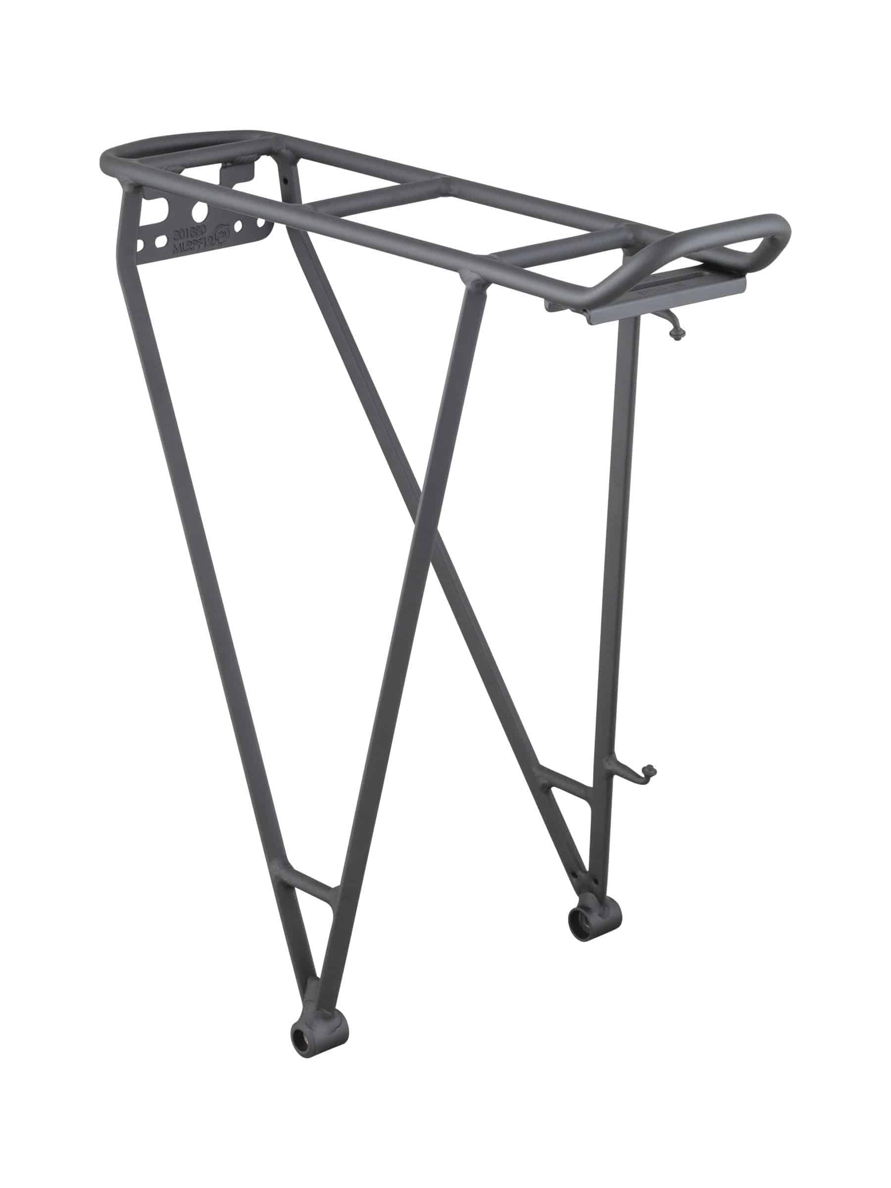 Black Trek rear rack for 700c wheels, lightweight bike luggage carrier, designed for cycling accessories and bike touring.