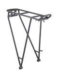 Black Trek rear rack for 700c wheels, lightweight bike luggage carrier, designed for cycling accessories and bike touring.