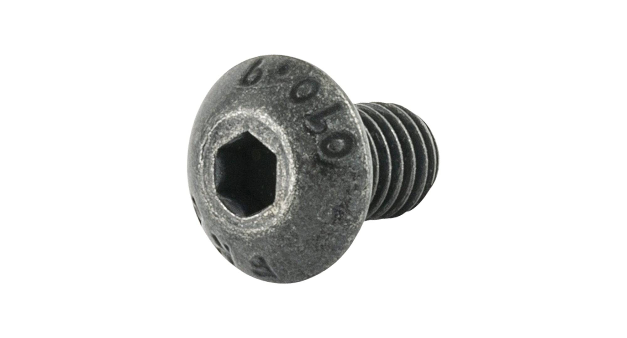 Black Trek M5x0.8 button head cap bolts for water bottle cage, 8mm length, close-up of durable metal components.