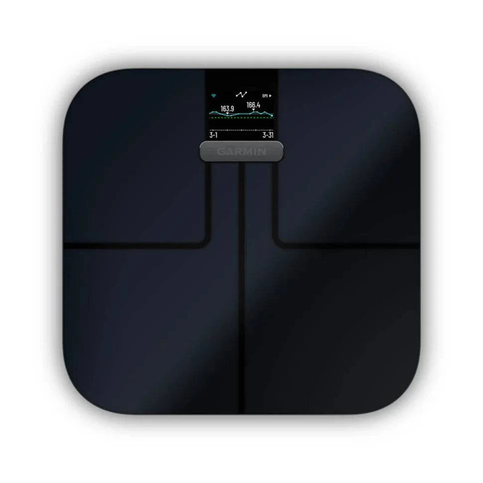 Garmin Index S2 black smart body composition scale with Wi-Fi, digital display, and multi-user support.