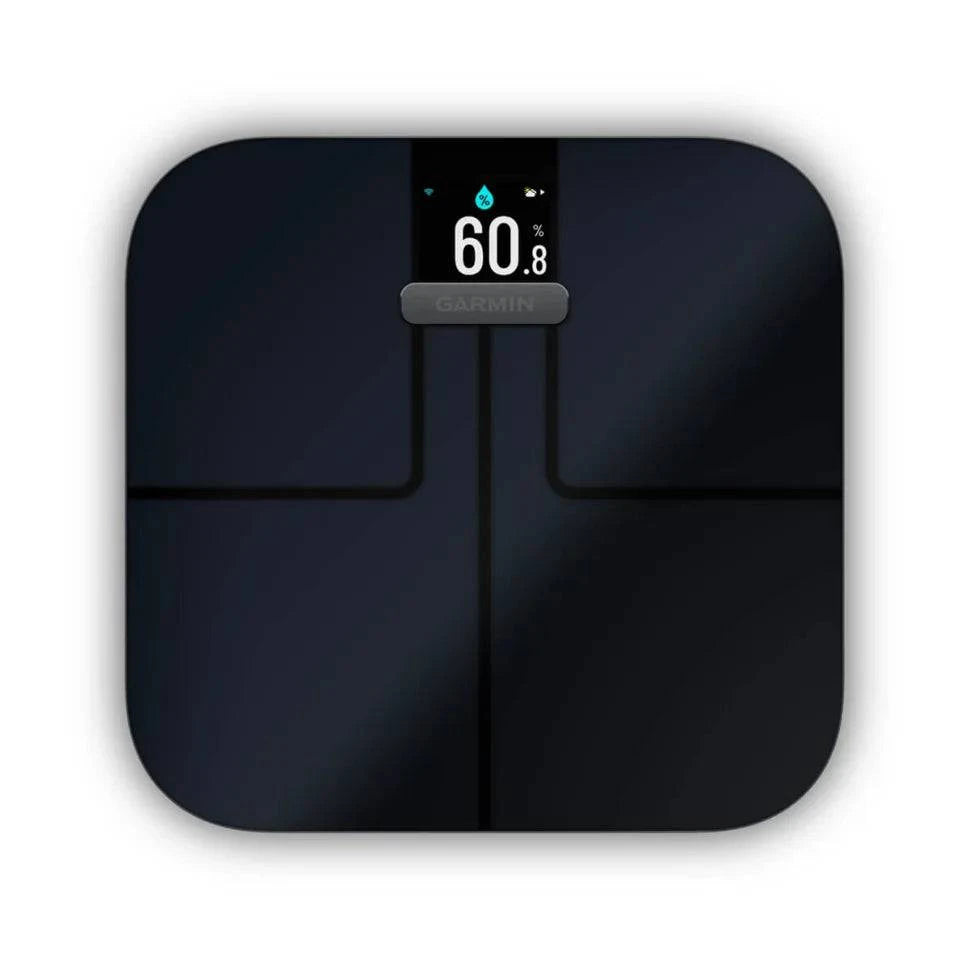 Garmin Index S2 black smart body composition scale with Wi-Fi, multi-user support, displaying weight and body metrics.