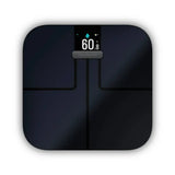 Garmin Index S2 black smart body composition scale with Wi-Fi, multi-user support, displaying weight and body metrics.