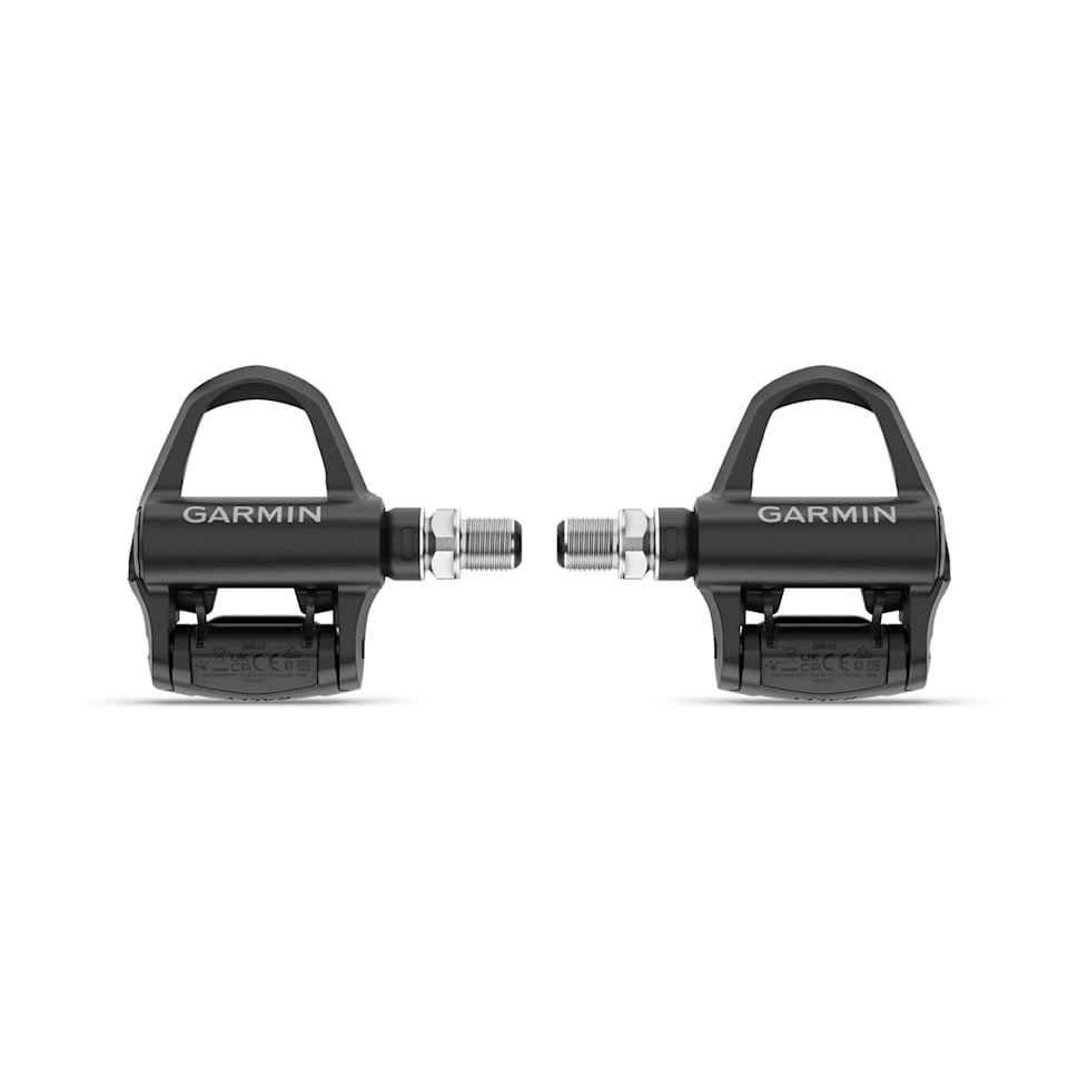 Garmin Rally RK110 single-sensing power meter cycling pedals with black and silver design, showing pedal body and cleat interface.
