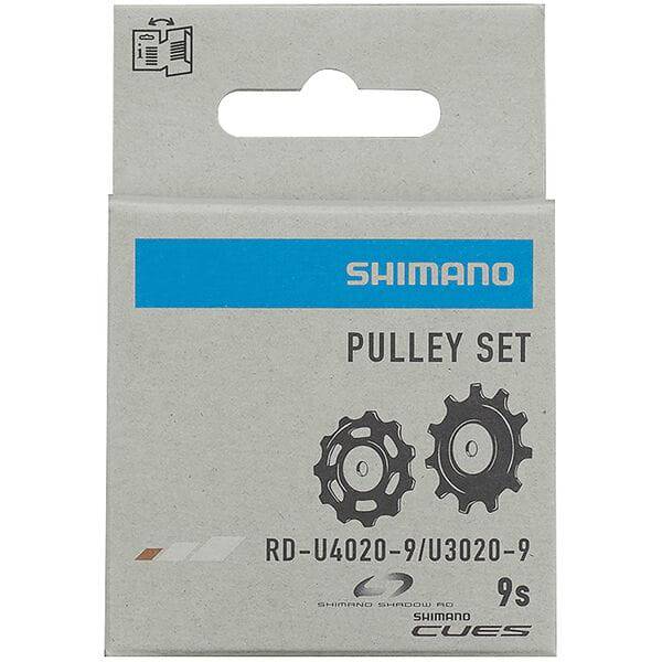 Shimano CUES RD-U4020 U3020 tension and guide pulley set for mountain bike rear derailleur, showing pulleys and mounting hardware.