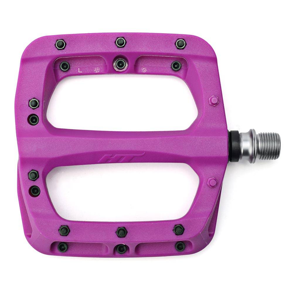 HT Components PA-03A flat pedal with purple color, replaceable pins, and Cro-Mo axle for mountain biking or BMX riding.