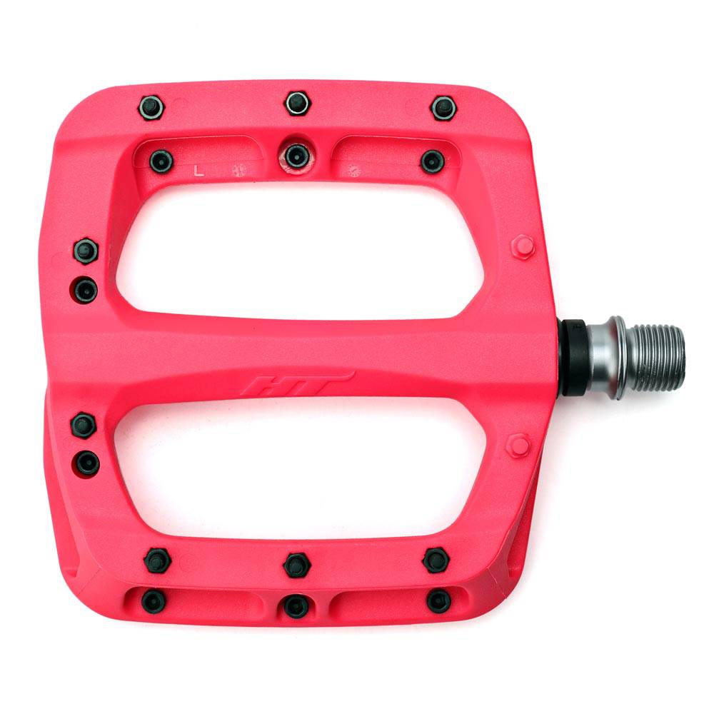 HT Components PA-03A flat pink bicycle pedal with replaceable pins and Cro-Mo axle for durable cycling performance.