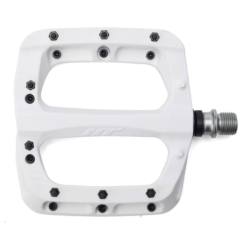 HT Components PA-03A flat pedal with replaceable pins and Cro-Mo axle, shown in white, for mountain biking or BMX riding.