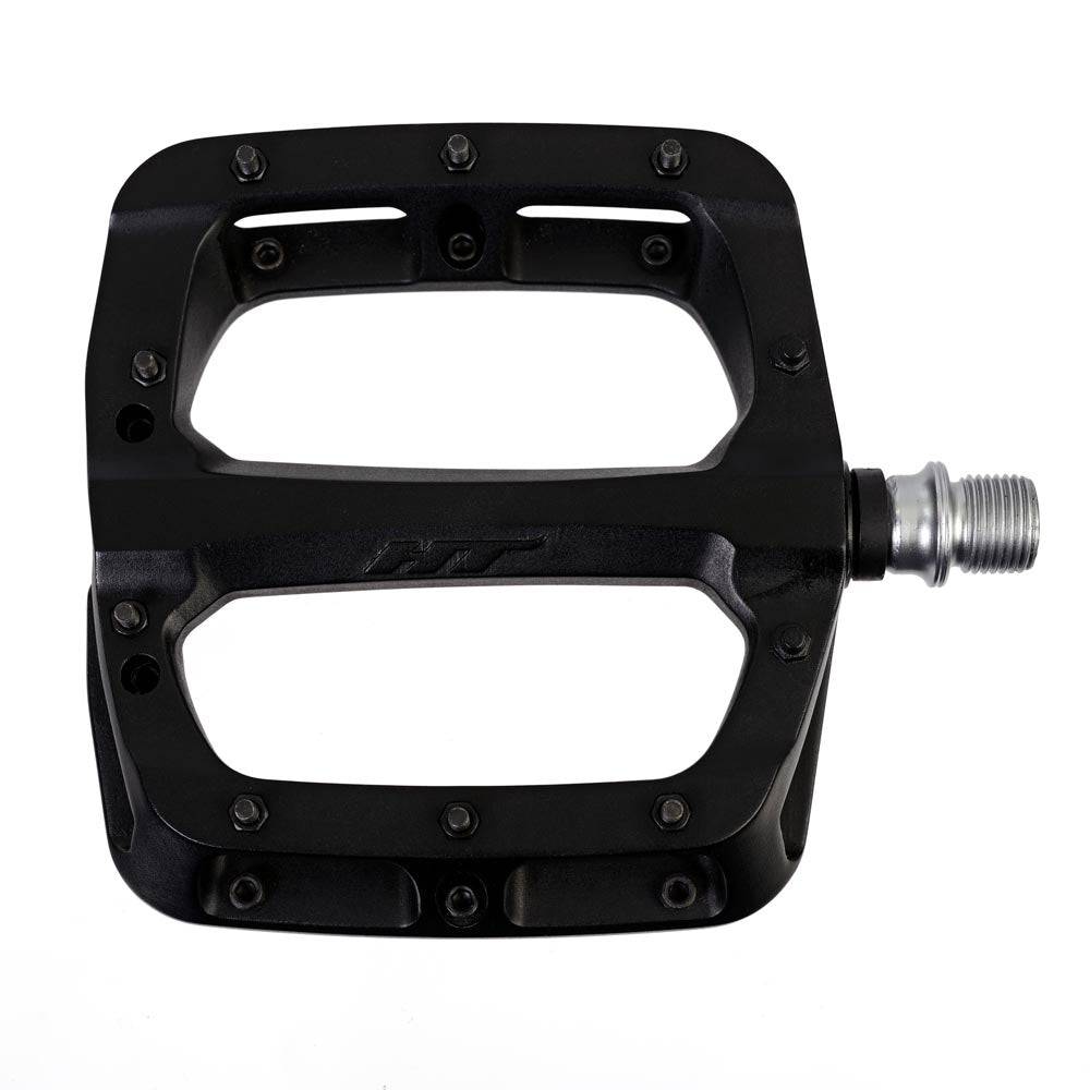 HT Components PA-03A flat pedal with replaceable pins and Cro-Mo axle, shown with a black metal pedal body and textured surface.