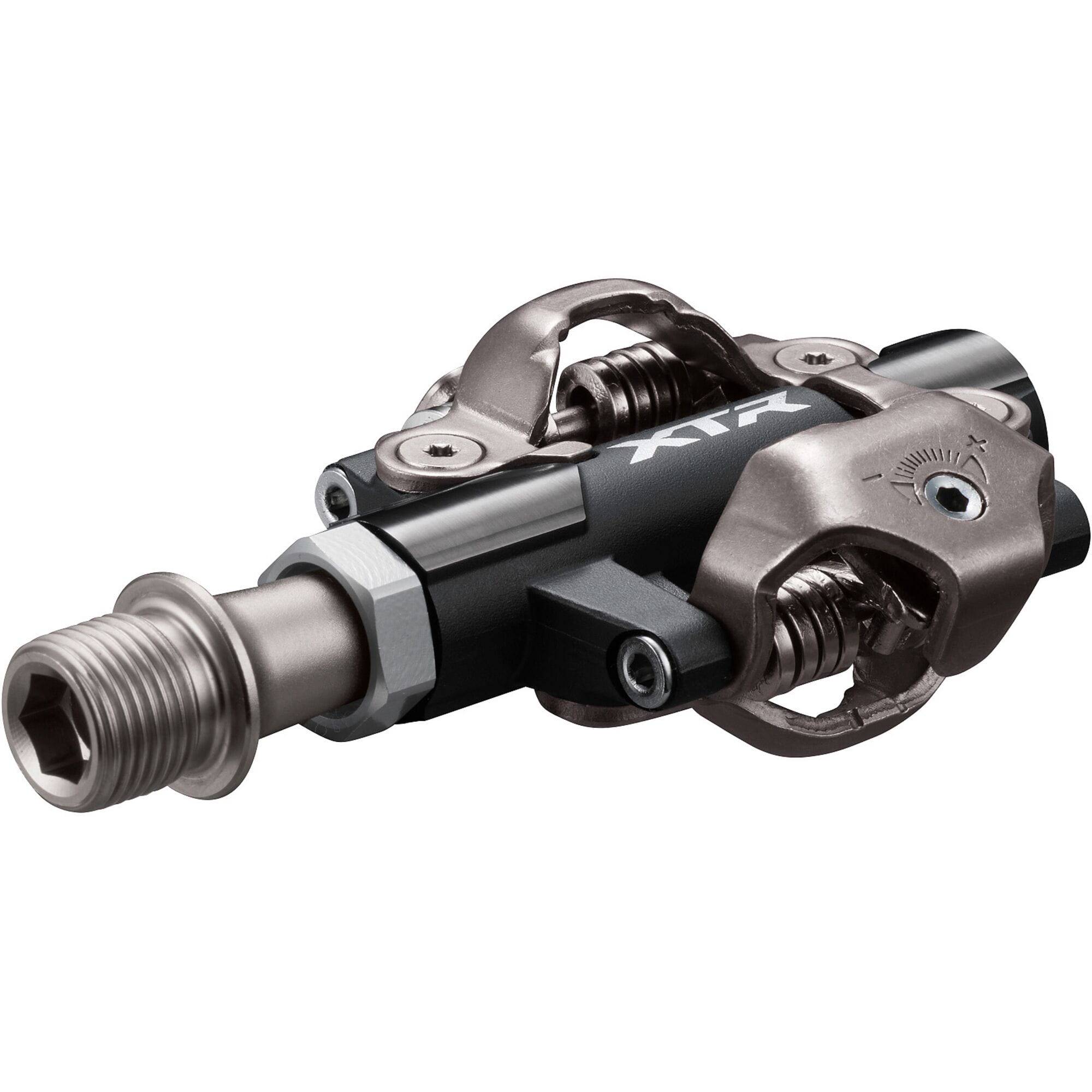 Shimano XTR PD-M9200 XC Race mountain bike pedals with shorter 3mm axle, showcasing sleek black design and clipless mechanism.