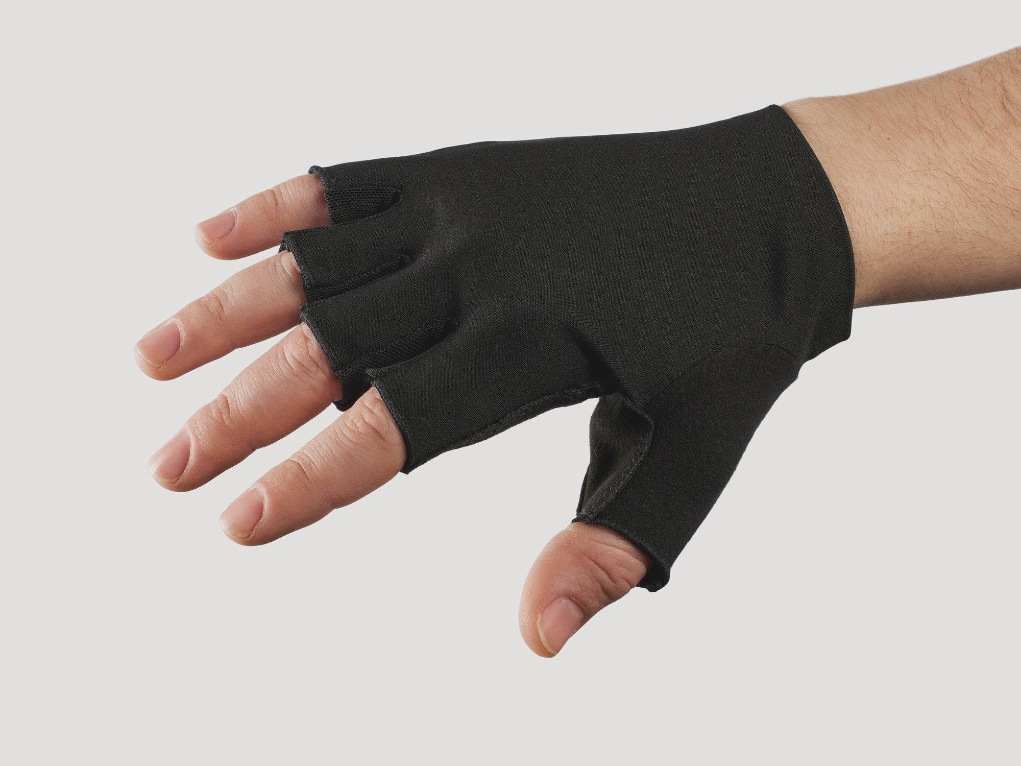Trek Velocis unisex cycling gloves with dual foam gel padding, shown in black with adjustable wrist straps for comfort.