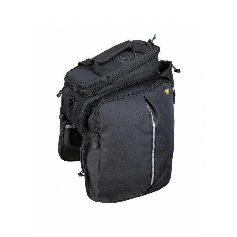 Topeak MTS TrunkBag DXP black bike rack bag with expandable design, weather-resistant material, and built-in bottle holder.