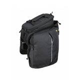 Topeak MTS TrunkBag DXP black bike rack bag with expandable design, weather-resistant material, and built-in bottle holder.