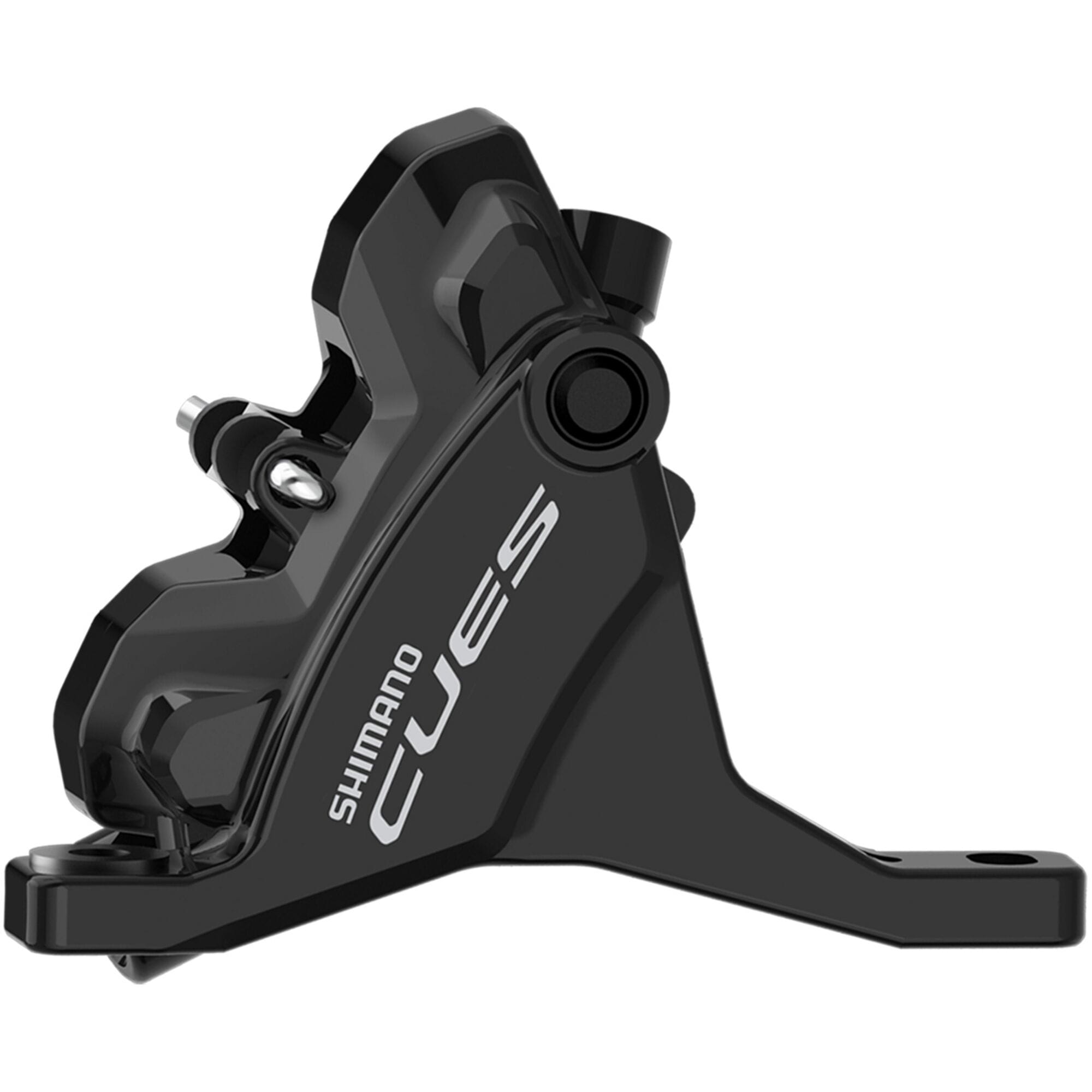 Shimano CUES BR-U6030 front calliper flat mount brake in black with mounting bolts, designed for 160mm rotors on bicycles.
