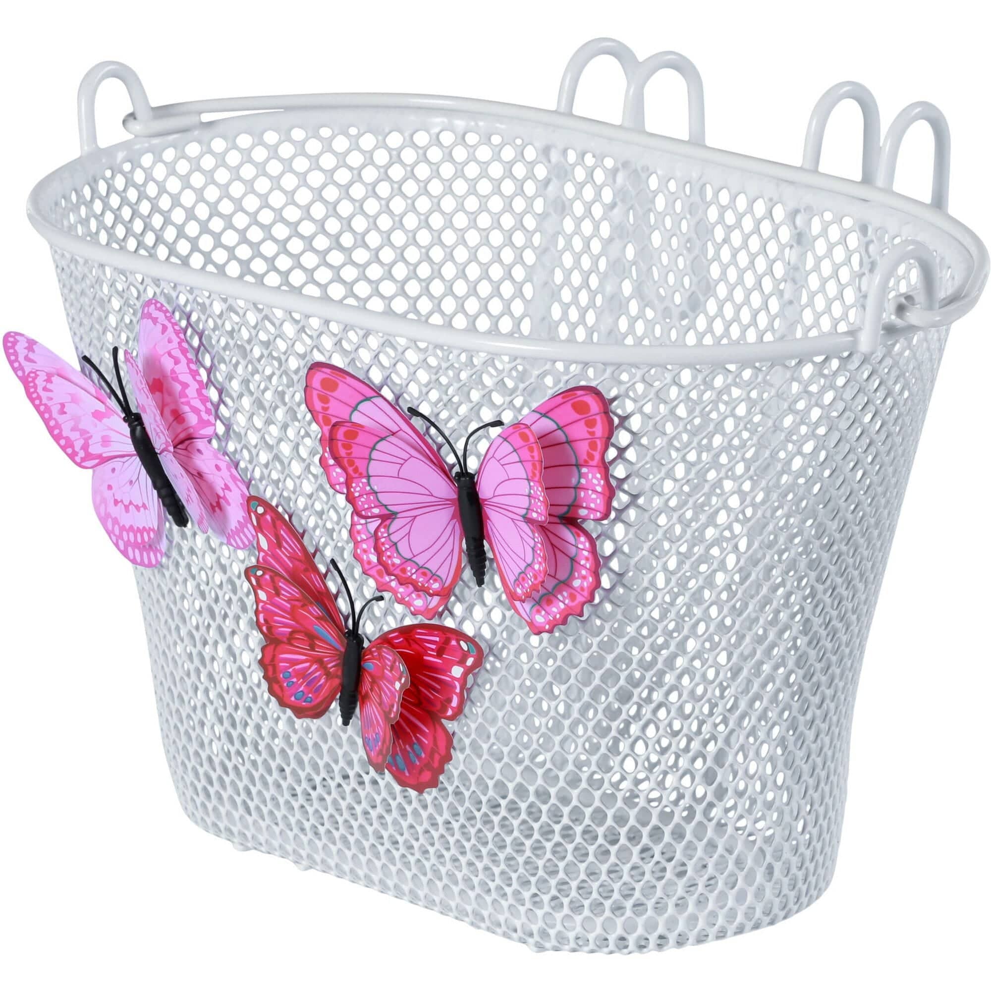 White Basil Jasmin kids bike basket with butterfly accents and removable handle, designed as a charming accessory for young cyclists.