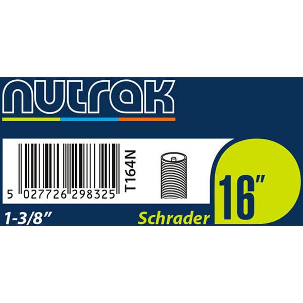Nutrak bike inner tube with Schrader valve, 16 x 1 3/8 inch, suitable for bicycle wheels, durable and reliable component.