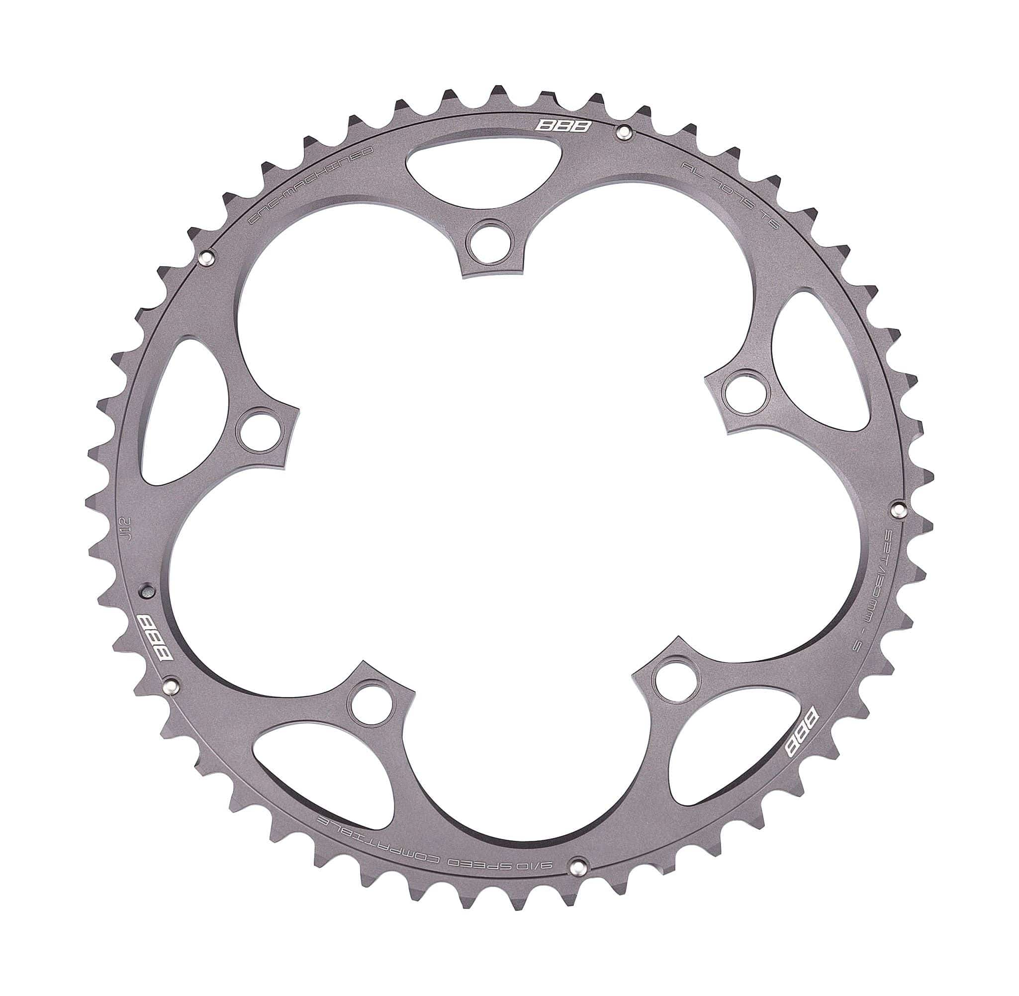 BBB RoadGear 2x9/10-speed 130BCD chainring for Shimano and SRAM double cranksets, shown with gear teeth and mounting holes.