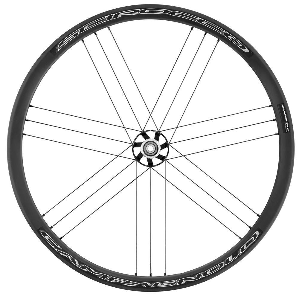 Campagnolo Scirocco DB Cl BT12 AFS road wheel with tubeless-ready 33mm rim and black spokes, mounted on a bike wheel.