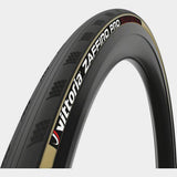 Vittoria Zaffiro Pro V 700x25c black foldable clincher cycling tire with tan sidewalls, designed for training and durability.