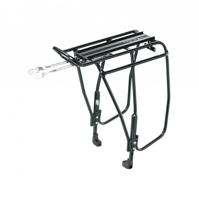 Topeak Uni Super Tourist DX disc rear bike rack on black MTB or touring bike, designed for mountain biking and touring accessories.