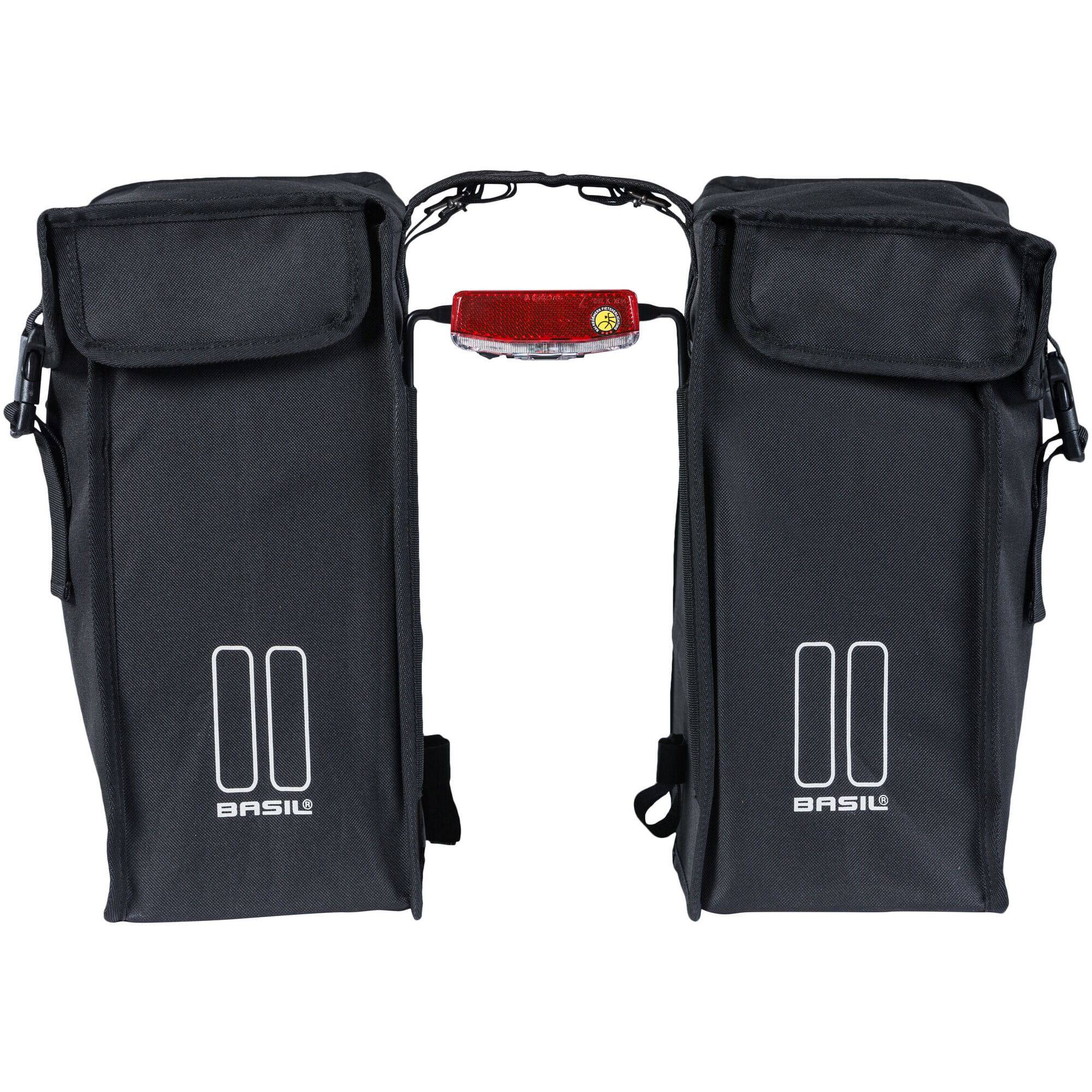 Black Basil distance holder for double panniers with rear light mount, accessory for bike racks and luggage carriers.