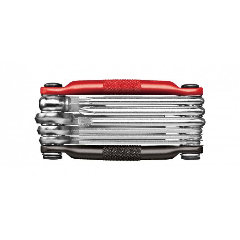 Crankbrothers Multi 10 bike multi-tool in black and red with hex keys and screwdrivers, ideal for bike workshop repairs.