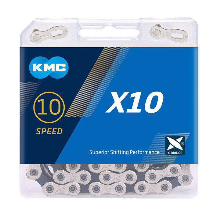 KMC X10 122L silver and black 10-speed bike chain with stretch-proof technology, showing the durable metal links and branding.