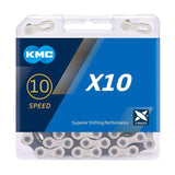 KMC X10 122L silver and black 10-speed bike chain with stretch-proof technology, showing the durable metal links and branding.
