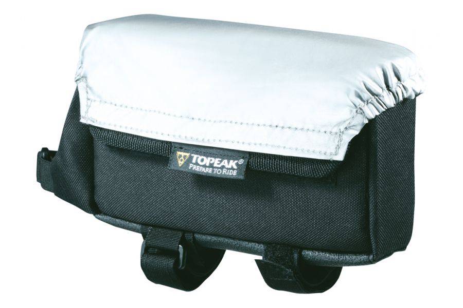Topeak Large Tri Bag with rain cover mounted on a bike top tube, black and silver bike accessory for storage.