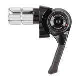 MicroSHIFT MTB bar end shifters for road bikes, featuring adjustable tension and index/friction modes, shown mounted on handlebars.