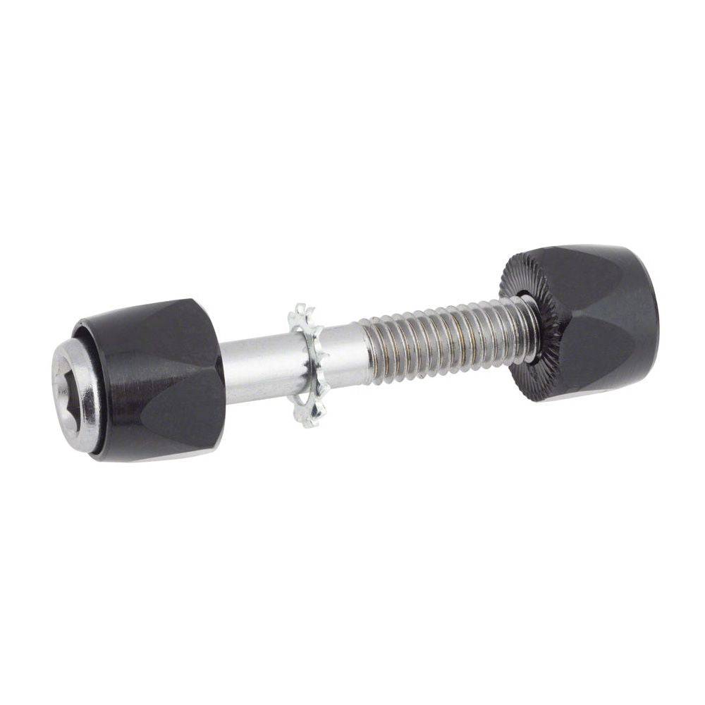 Black Dimension seat binder bolt 6x50mm for bike components, shown in packaging with a focus on the anodised finish.