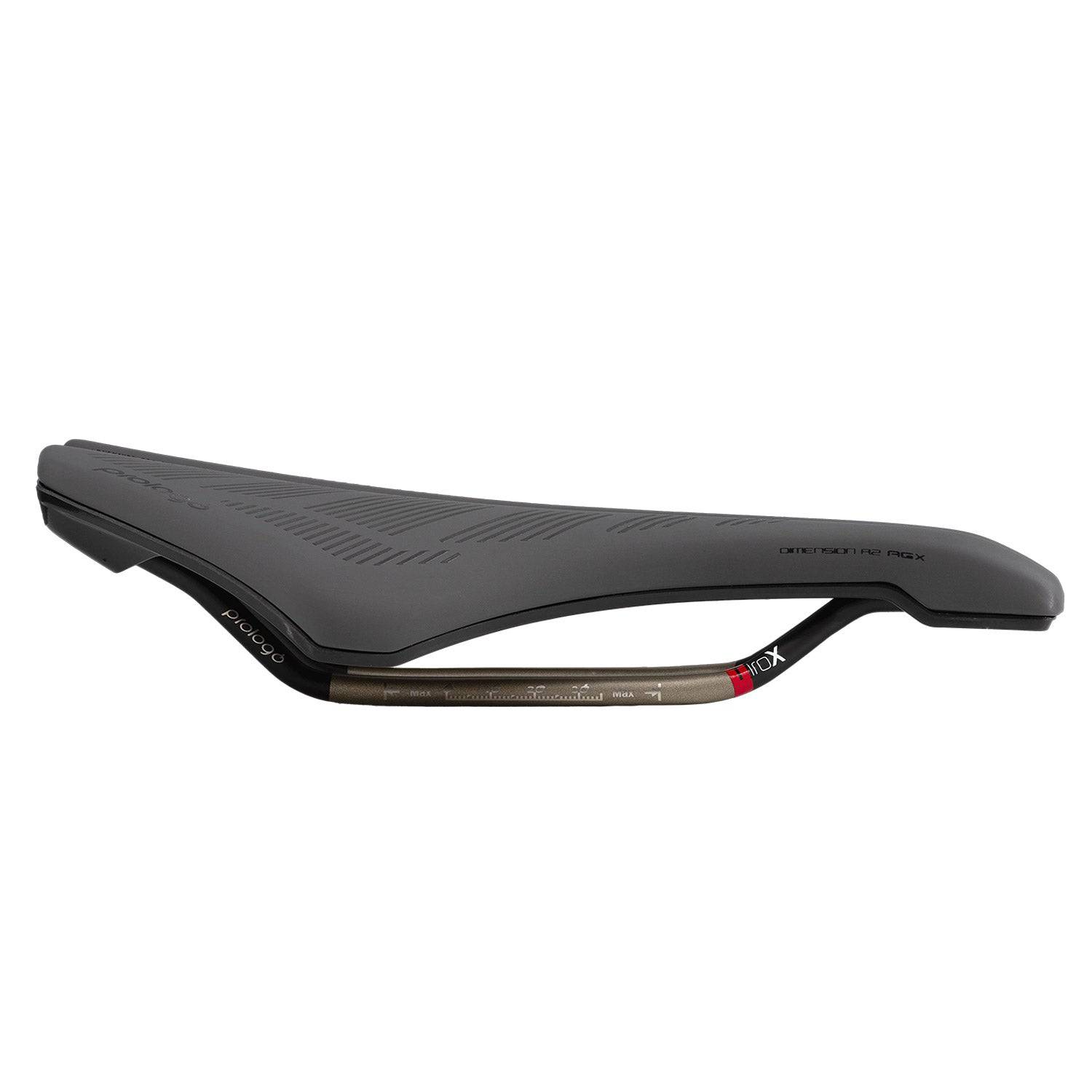 Prologo Dimension R2 AGX PAS Slide Control gravel and cyclocross saddle with Tirox rails, shown from the side.
