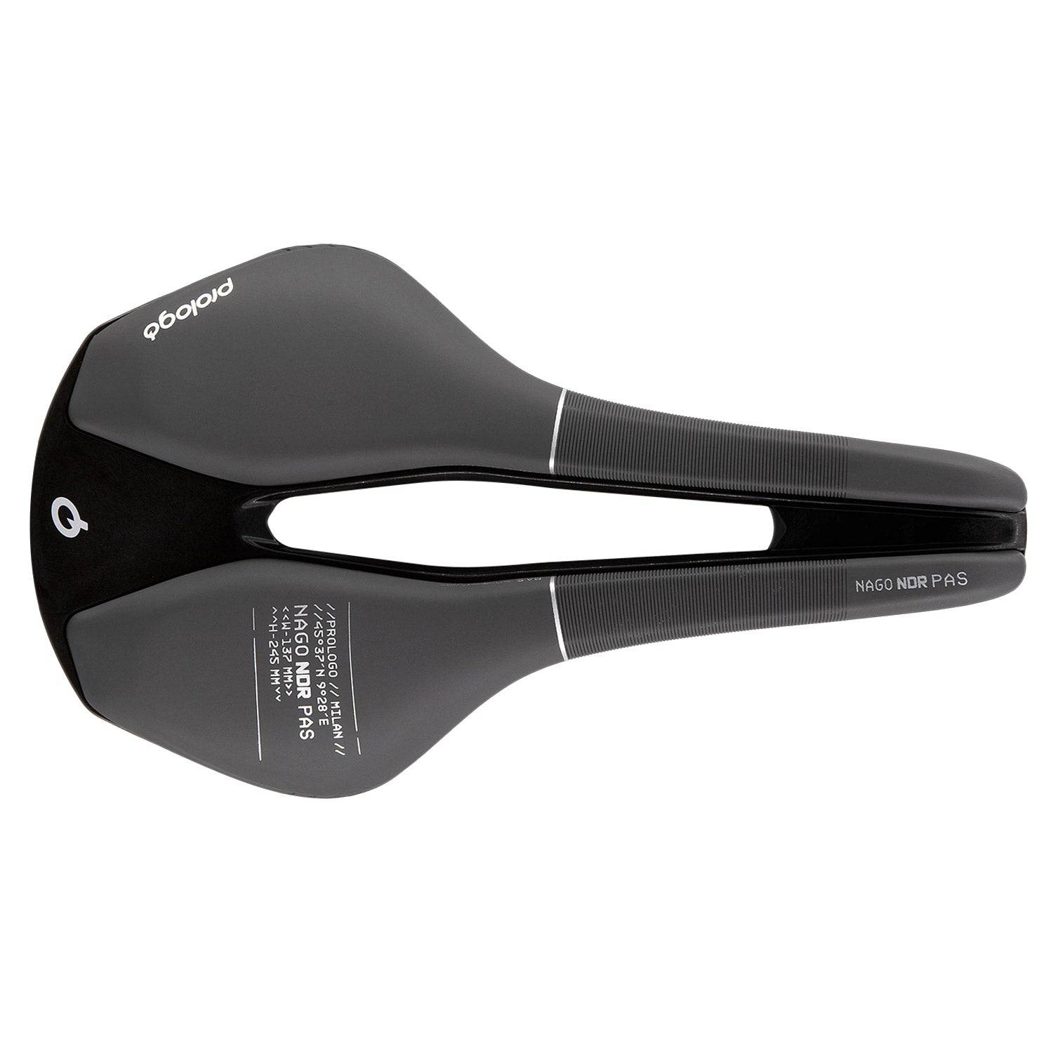 Prologo Nago NDR PAS Tirox ergonomic cycling saddle for MTB and road bikes, showcasing its sleek design and ergonomic shape.