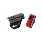 Moon Sport Rigel Lite 500lm front and Helix Lite 100lm rear bike light set in black, showcasing their compact, durable design.