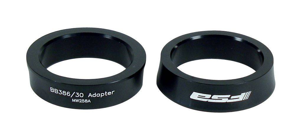 FSA MegaEvo BB30 spacers for BB386Evo cranksets, 68mm shell adapter, shown with silver metal components and precise fit.