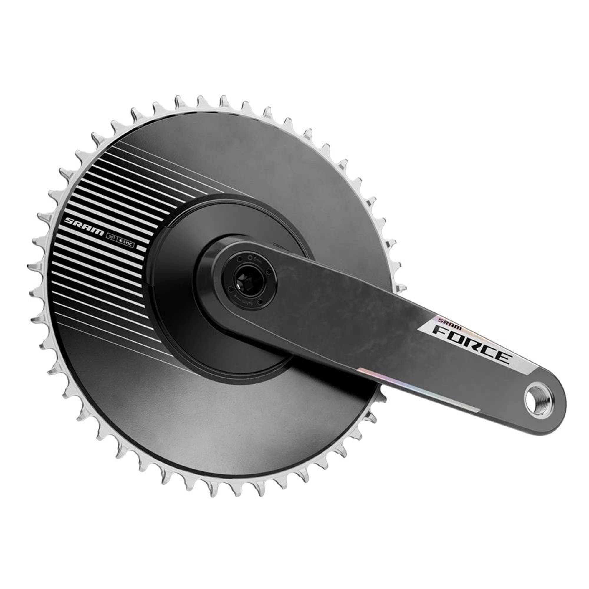 SRAM Force 1X E1 DUB crankset with 50T aero chainring, direct mount, black finish, shown with bottom bracket not included.