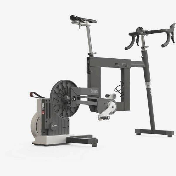 Elite Square Smart Frame accessory for direct drive trainers with adjustable fit and virtual shifters, shown mounted on a trainer.
