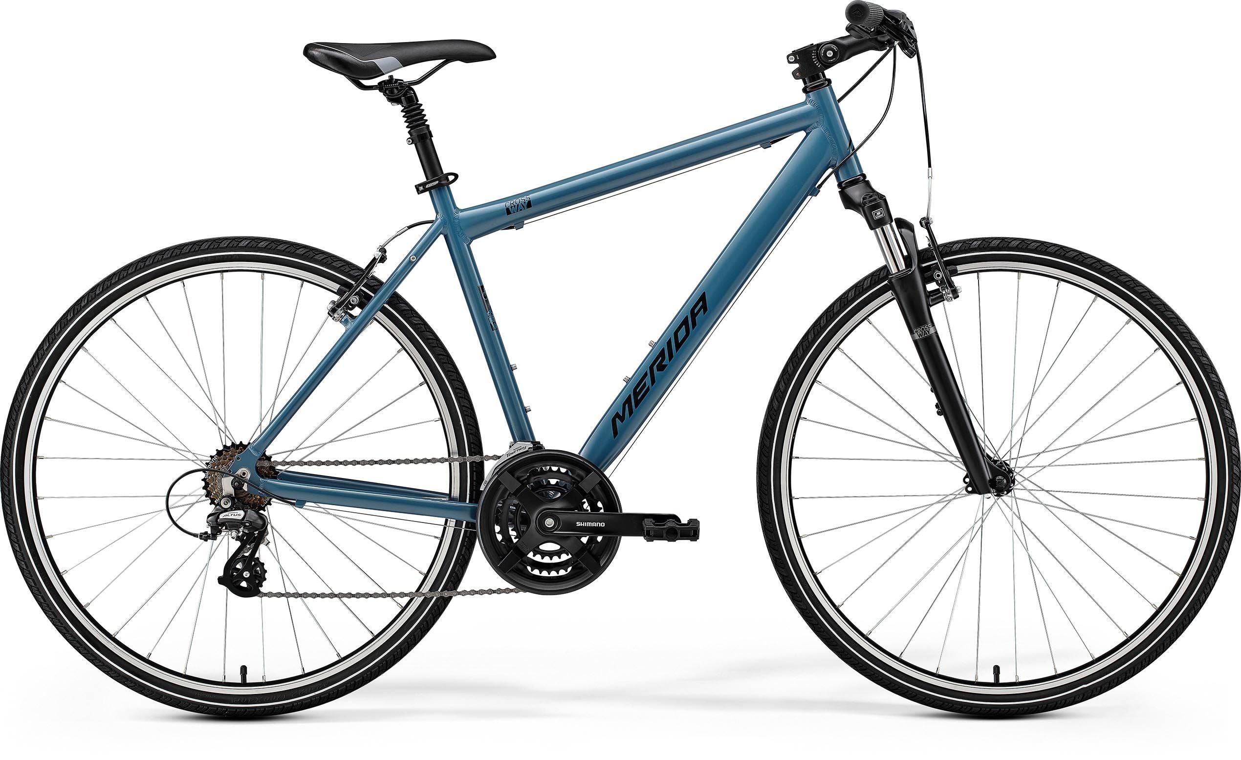 Merida Crossway 10-V SE hybrid bike with Shimano Acera gears and disc brakes, ideal for commuting and urban riding.