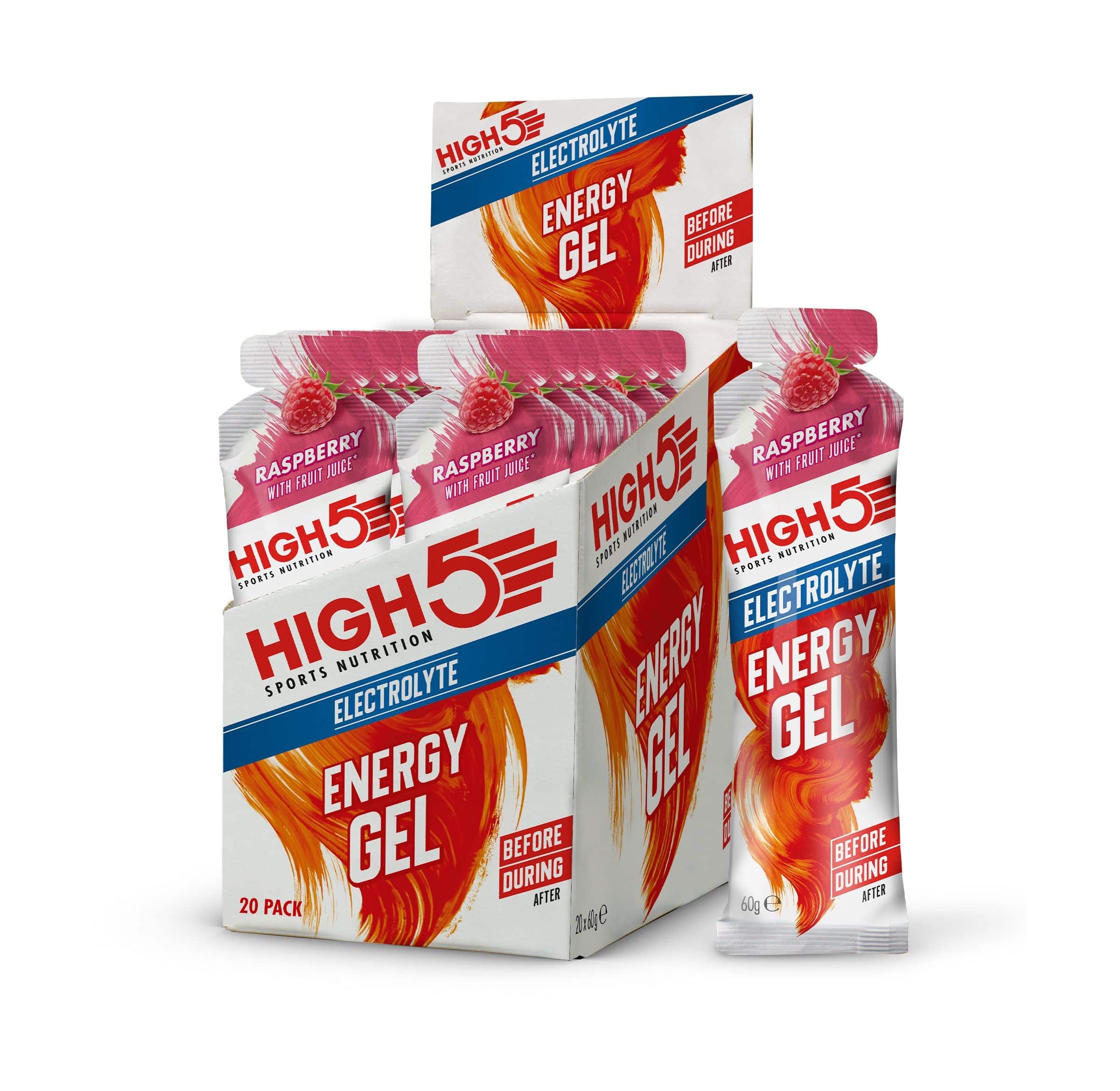 High5 Energy Gel Electrolyte 60g with raspberry and tropical flavors, endurance fuel accessory with electrolytes for athletes.